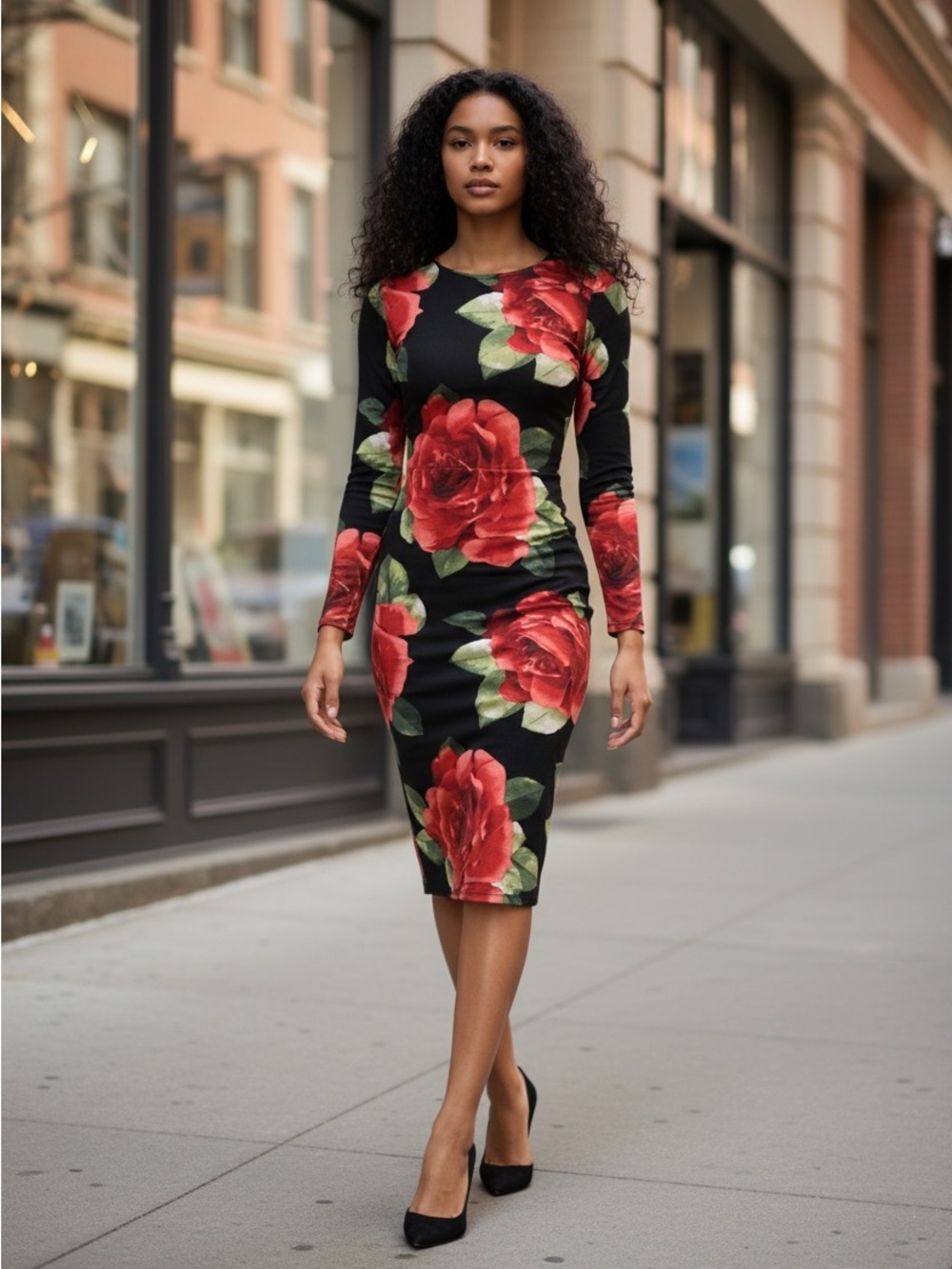 Ashley Stewart Size 12 Sheer Rose Print Midi Dress Bodycon NWOT